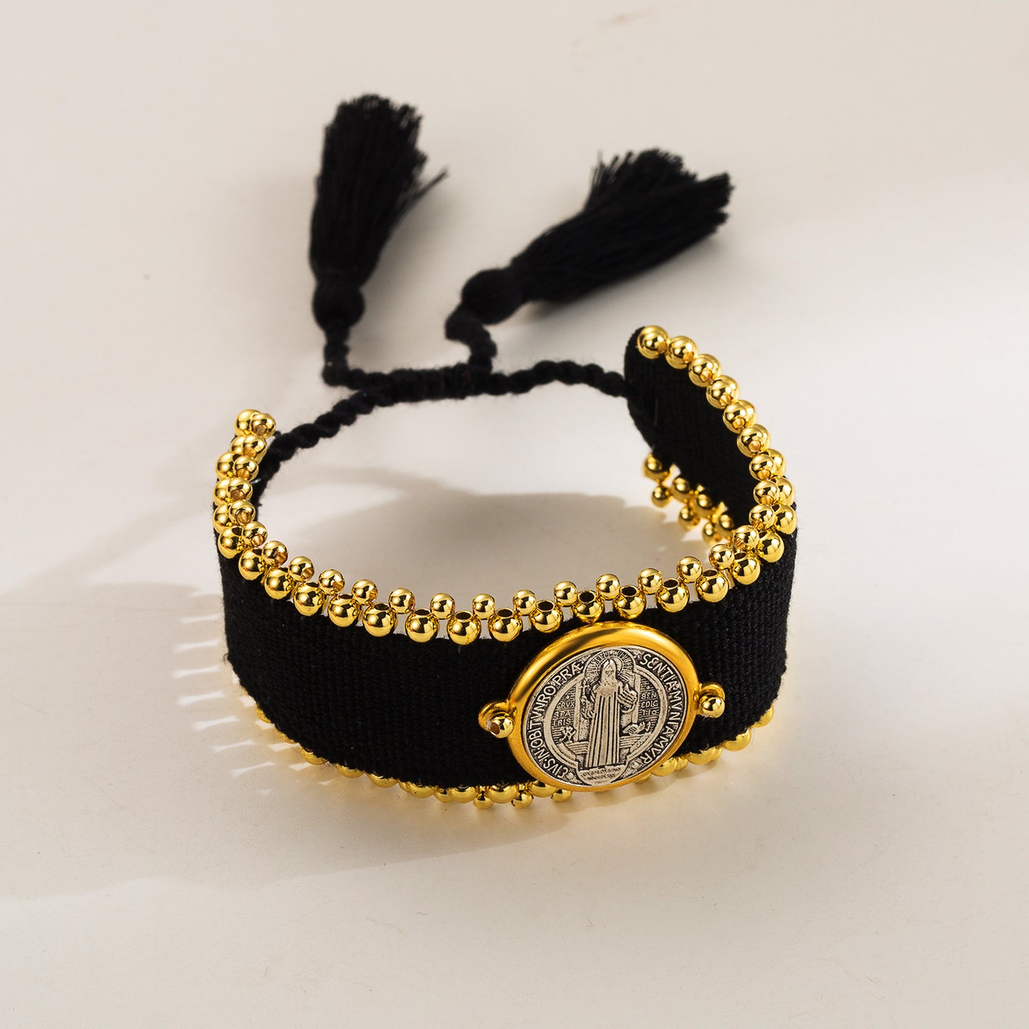 Saint Benedict Canvas Bracelet – Black & Gold Tone
