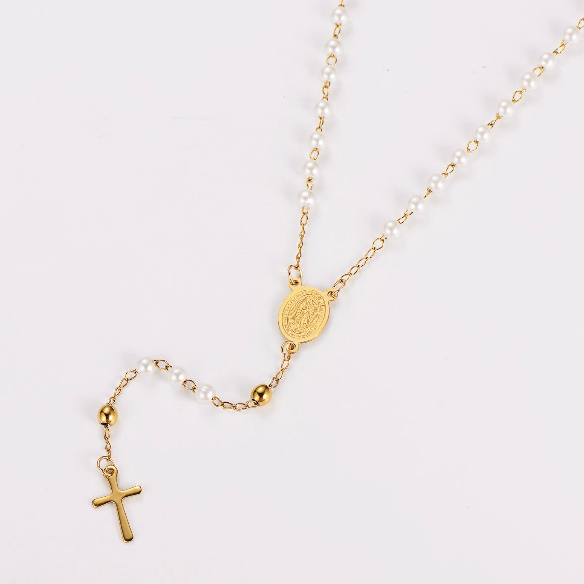 Our Lady Inspired Pearl Rosary | 18K Gold Plated Stainless Steel