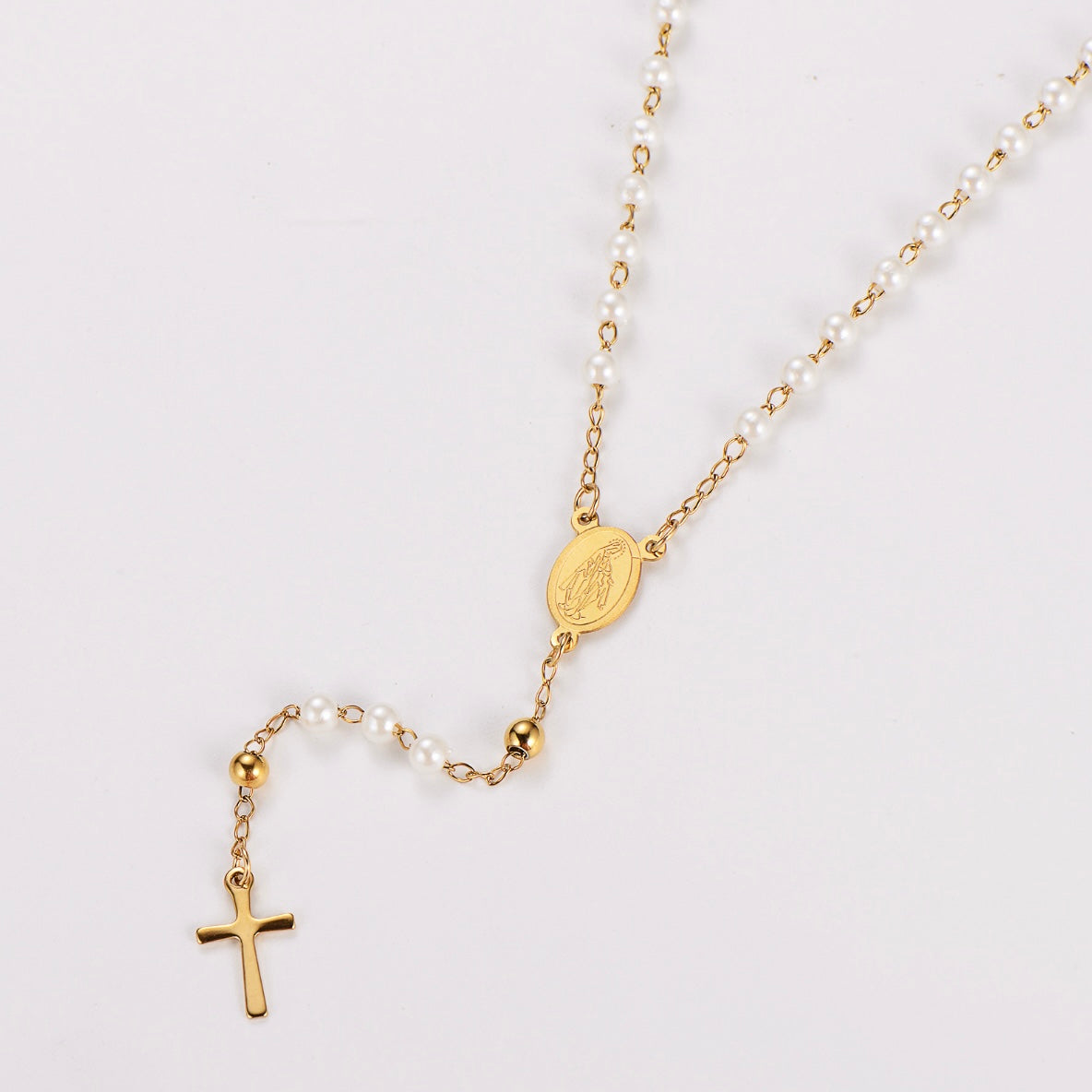 Our Lady Inspired Pearl Rosary | 18K Gold Plated Stainless Steel