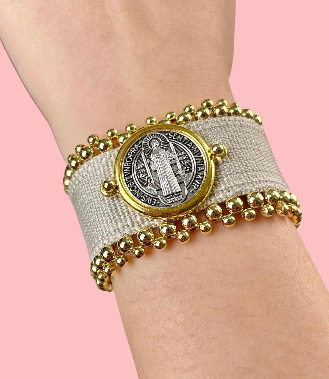 Saint Benedict Canvas Bracelet – Grey & Gold Tone