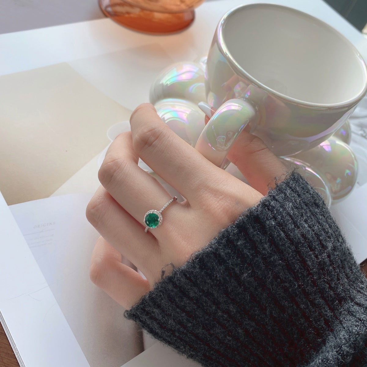 Green Round Halo Ring